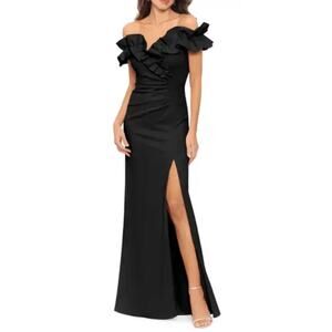 XSCAPE PANDORA RUFFLE OFF THE SHOULDER RUCHED GOWN IN BLACK SIZE 6. NWOT
